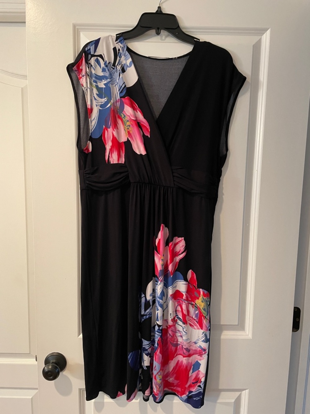 T Tahari Black Midi Dress with Pink & Blue Floral Accents
